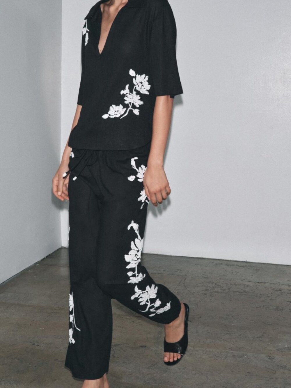 ZARA ZW Collection Embroidered Linen Blend Co Ord Set Shirt Pants Black L NWT